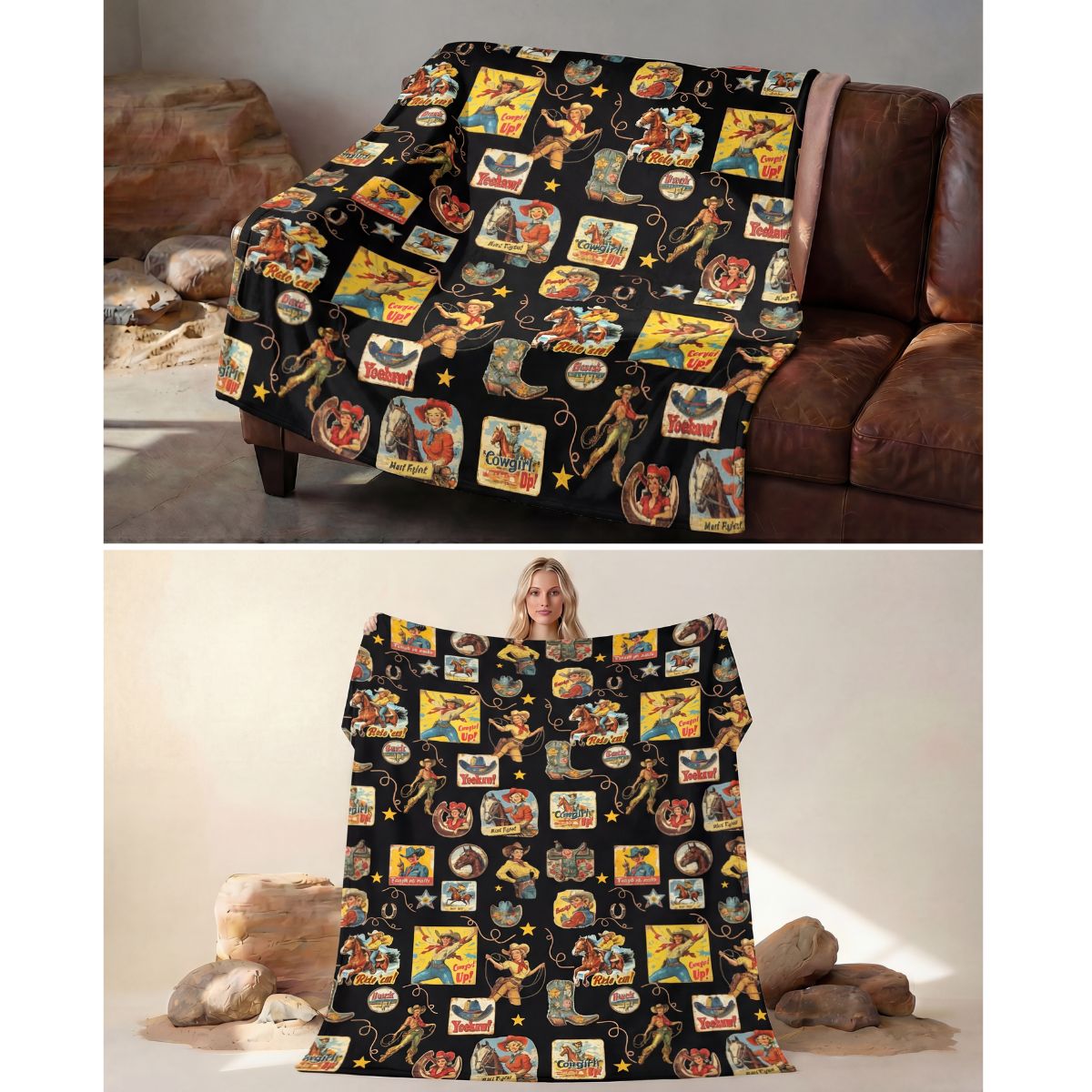 Baha Ranch Vintage Cowgirl Collage Micro Fleece Throw Blanket 60" x 80" Made in America