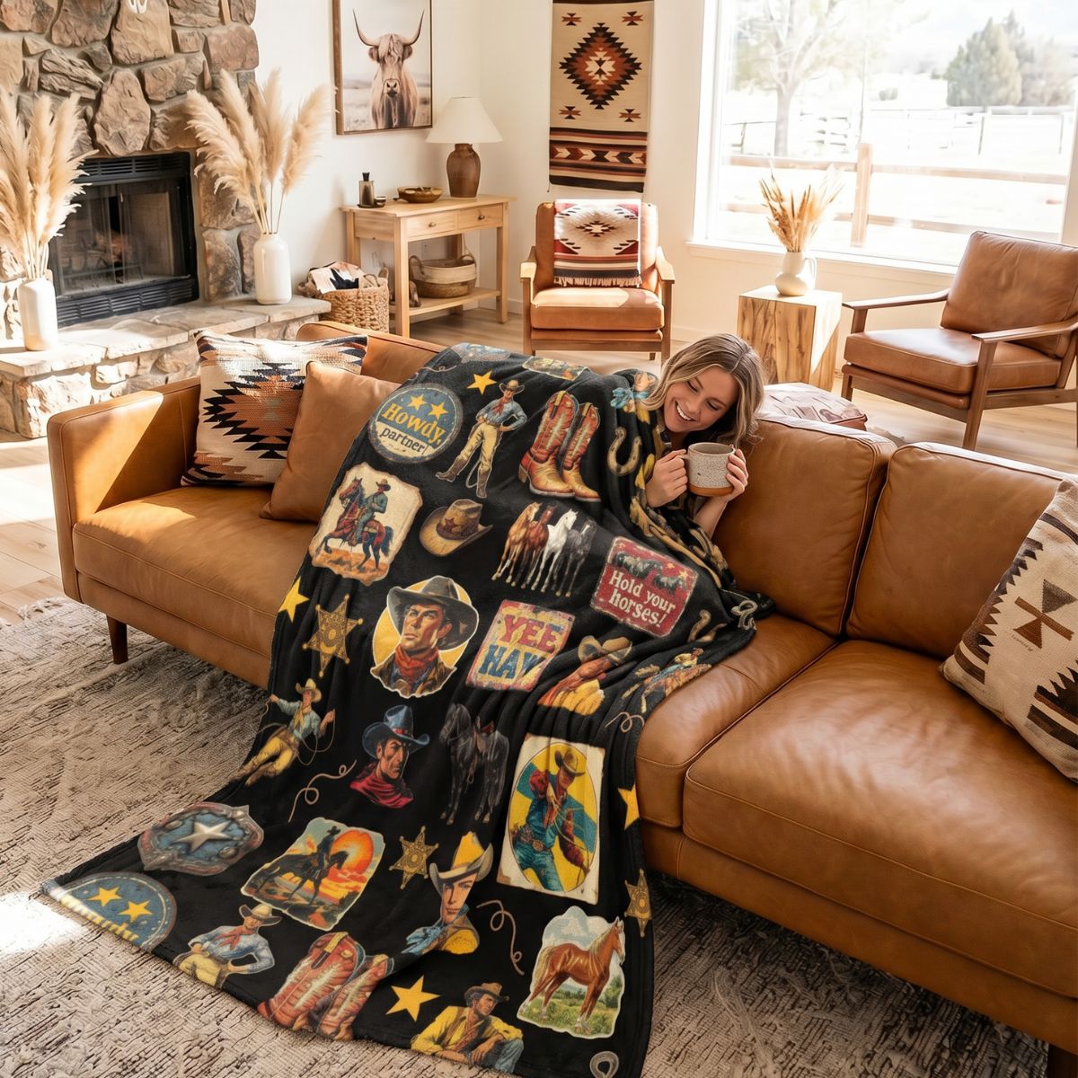 Baha Ranch Vintage Cowboy Collage Western Ultra Soft Minky Throw Blanket 60" x 80" Made in America