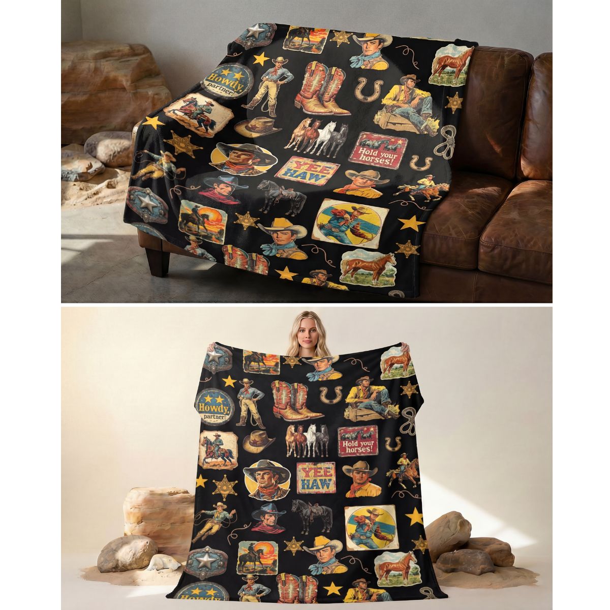Baha Ranch Vintage Cowboy Collage Western Ultra Soft Minky Throw Blanket 60" x 80" Made in America