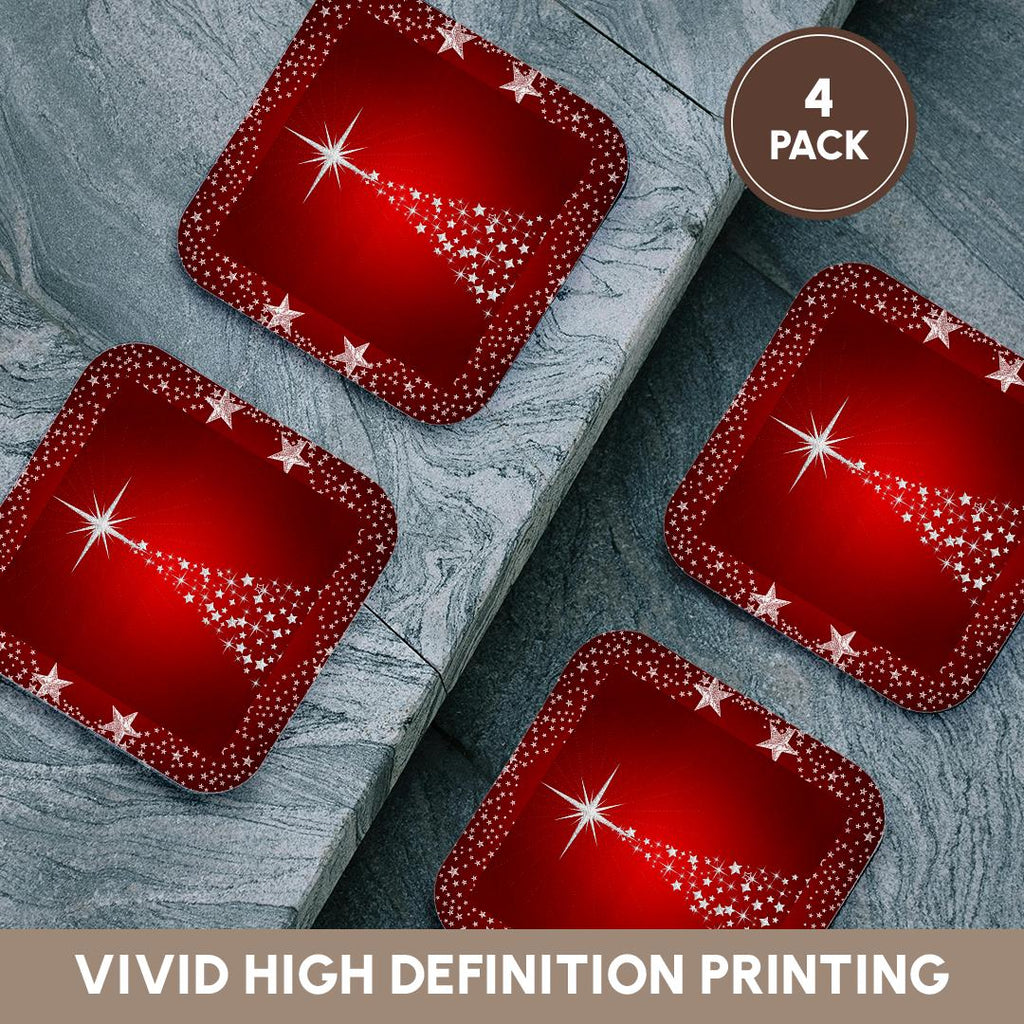 3dRose Doreen Erhardt Christmas Collection - Silver Star Christmas Tree with Holiday Red Background - Coasters (cst_164753)