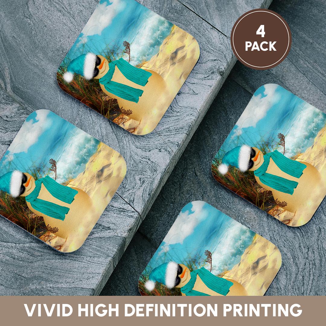 3dRose Doreen Erhardt Christmas Collection - Sandy beach Sandman with ocean view fun spoof on a snowman. - Coasters (cst_173007)