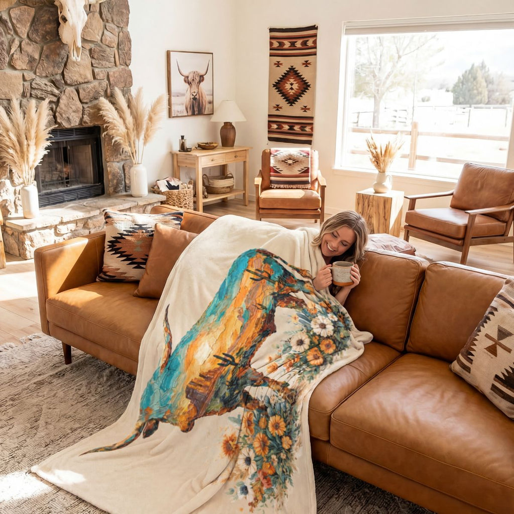 Baha Ranch Painted Longhorn Throw Blanket 60" x 80" Made in America
