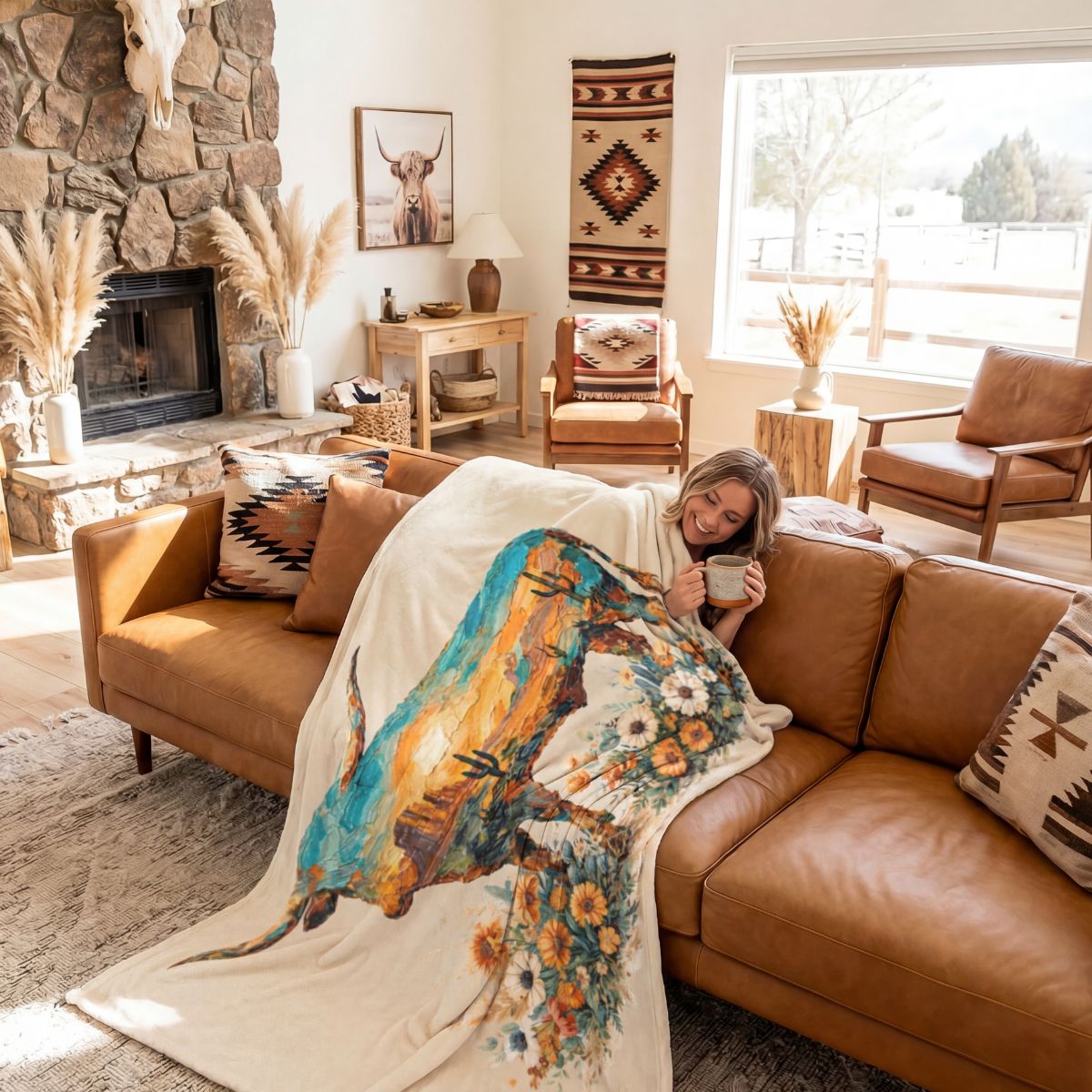 Baha Ranch Painted Longhorn Throw Blanket 60" x 80" Made in America